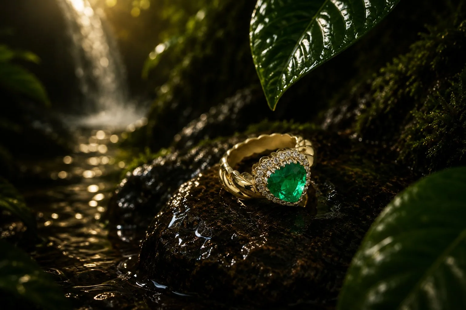 El Anillo Corazón — esmeralda colombiana corte corazón con halo brillante en oro 18k
