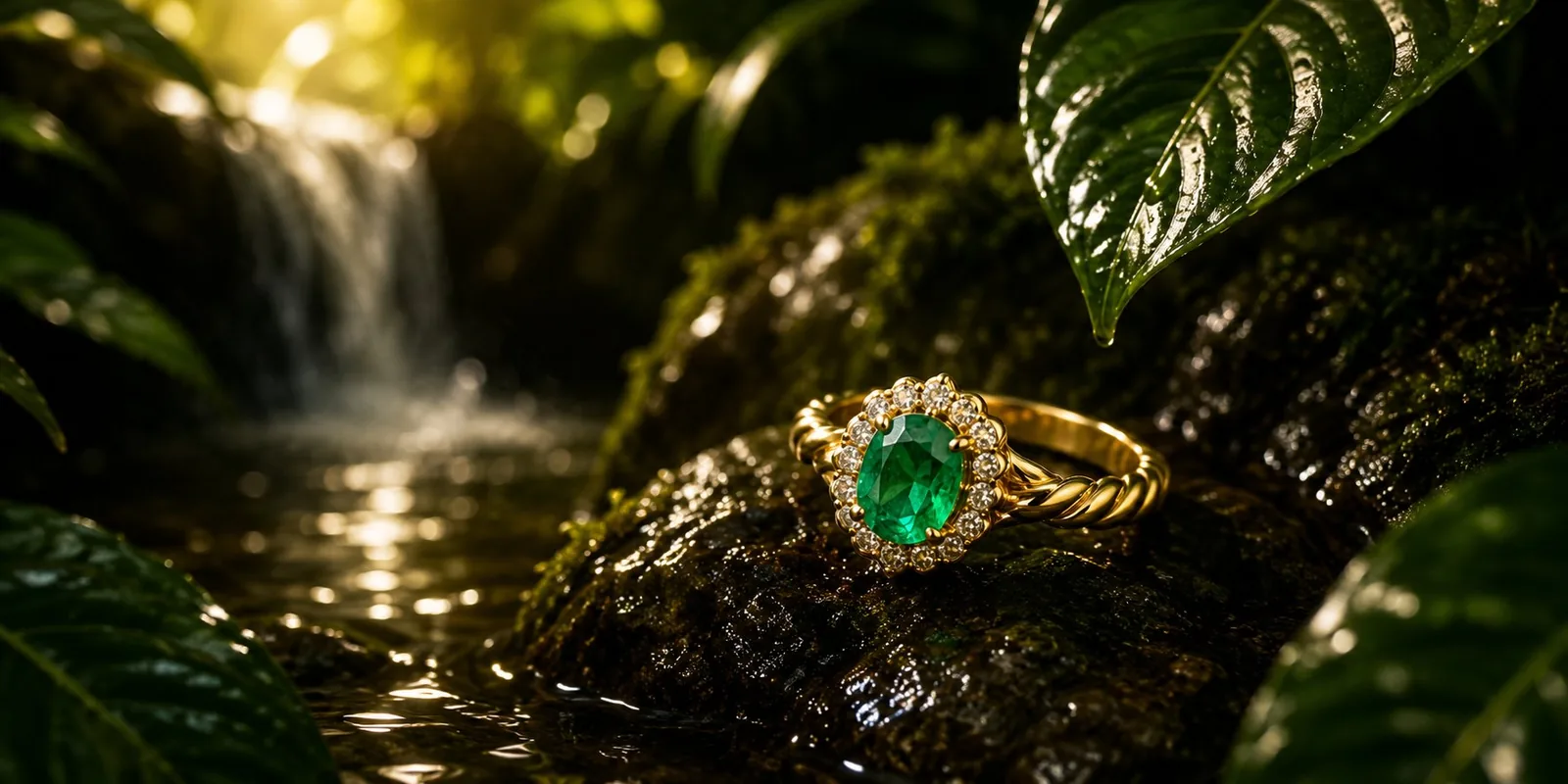 El Anillo Sagrada — esmeralda colombiana ovalada con halo brillante en oro 18k
