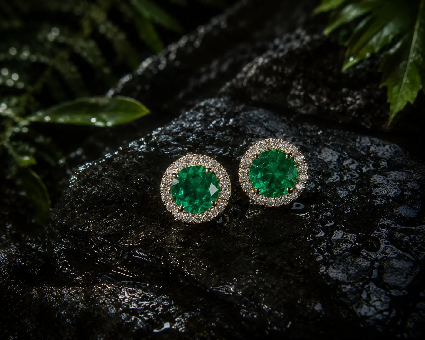 Aretes Aurora — esmeraldas colombianas en corte redondo brillante con halo brillante en oro 18k