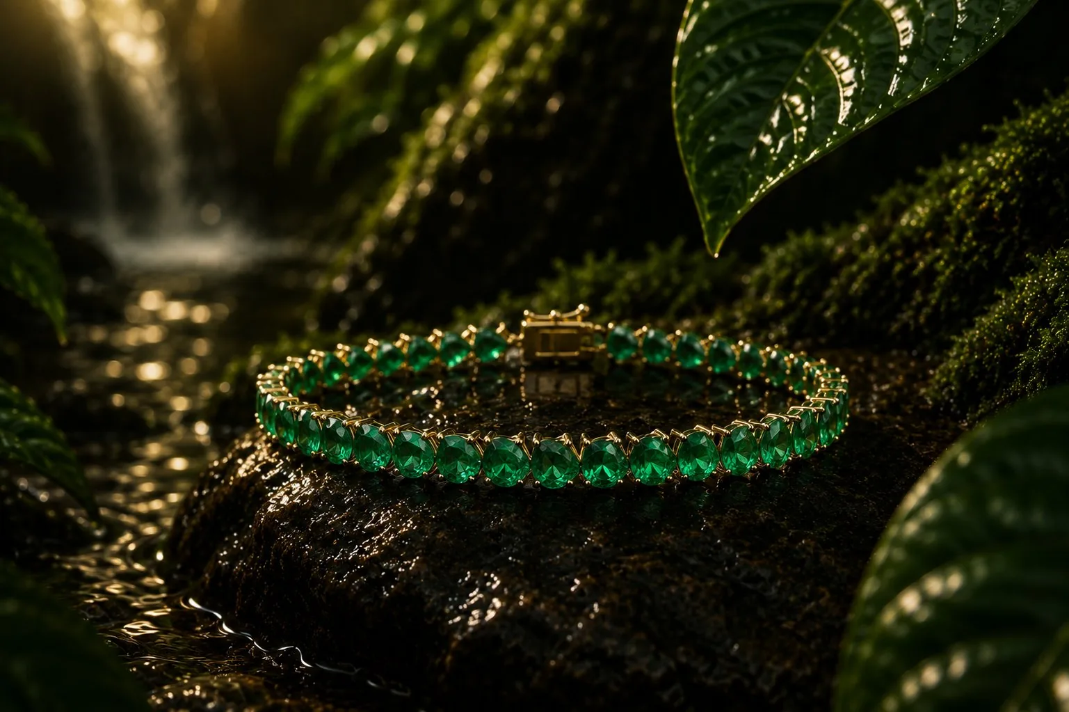 Brazalete Río — hilera de esmeraldas colombianas ovaladas en oro 18k