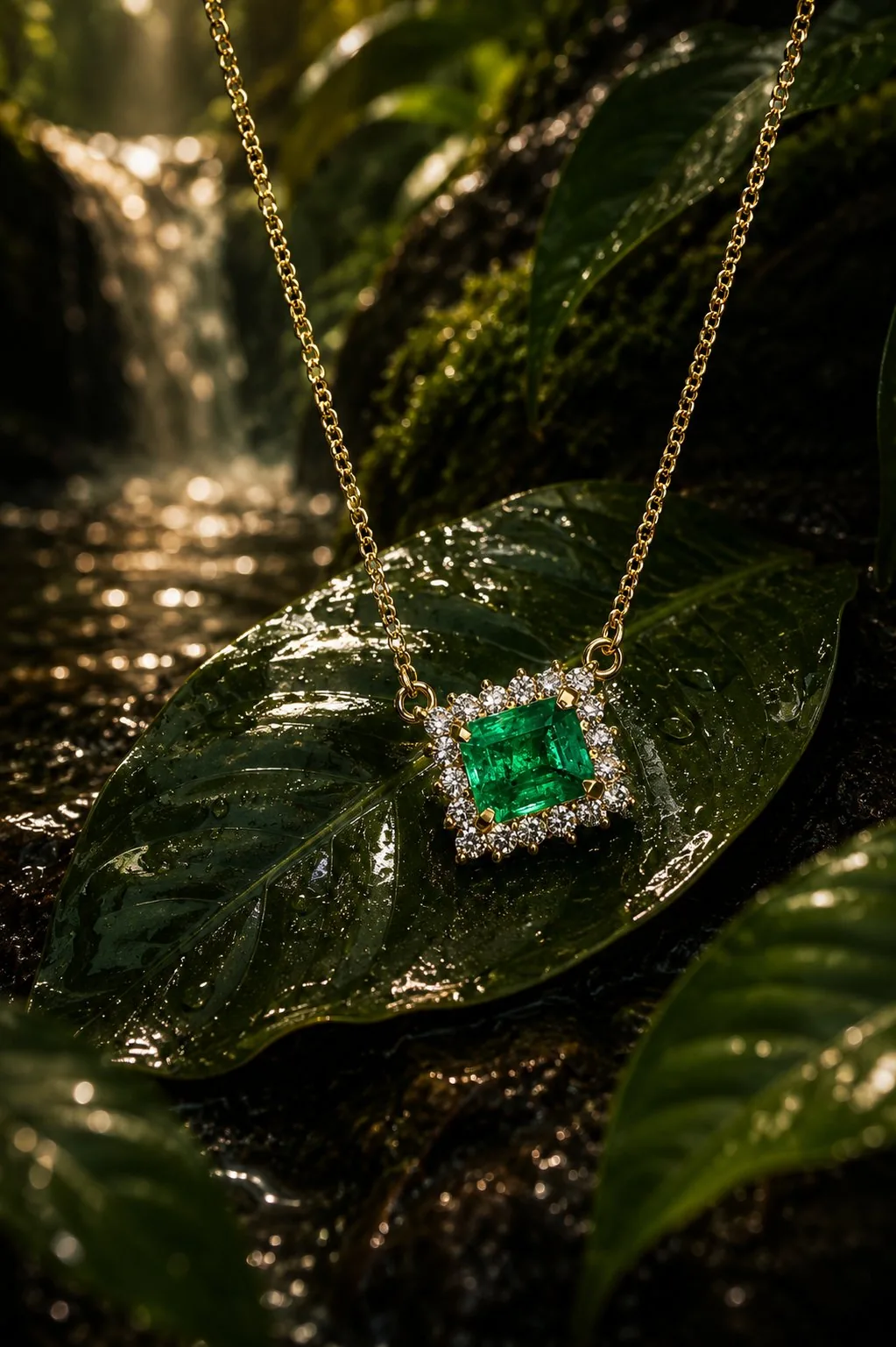 Collar Sagrado — esmeralda colombiana cuadrada con halo brillante y cadena fina en oro 18k