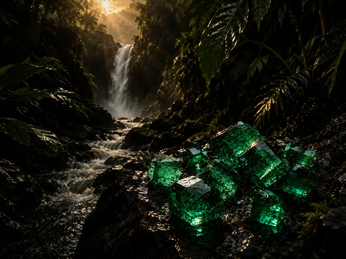 Esmeraldas en bruto sobre roca con cascada